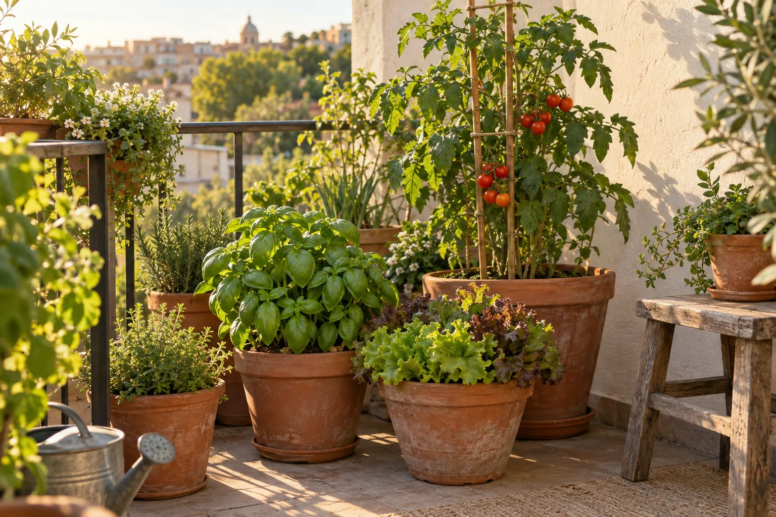Illustrative sunlit balcony garden with herbs and vegetables in terracotta pots