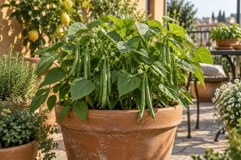 Illustrative bush bean plant bearing green pods in a container