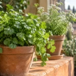 Illustrative leafy cilantro in a pot with flowering cilantro behind it
