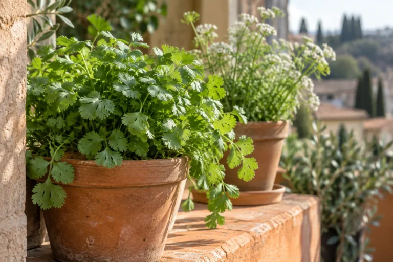 Illustrative leafy cilantro in a pot with flowering cilantro behind it