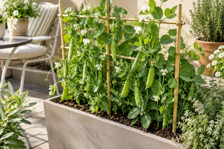 Illustrative pea vines climbing a small trellis on a patio