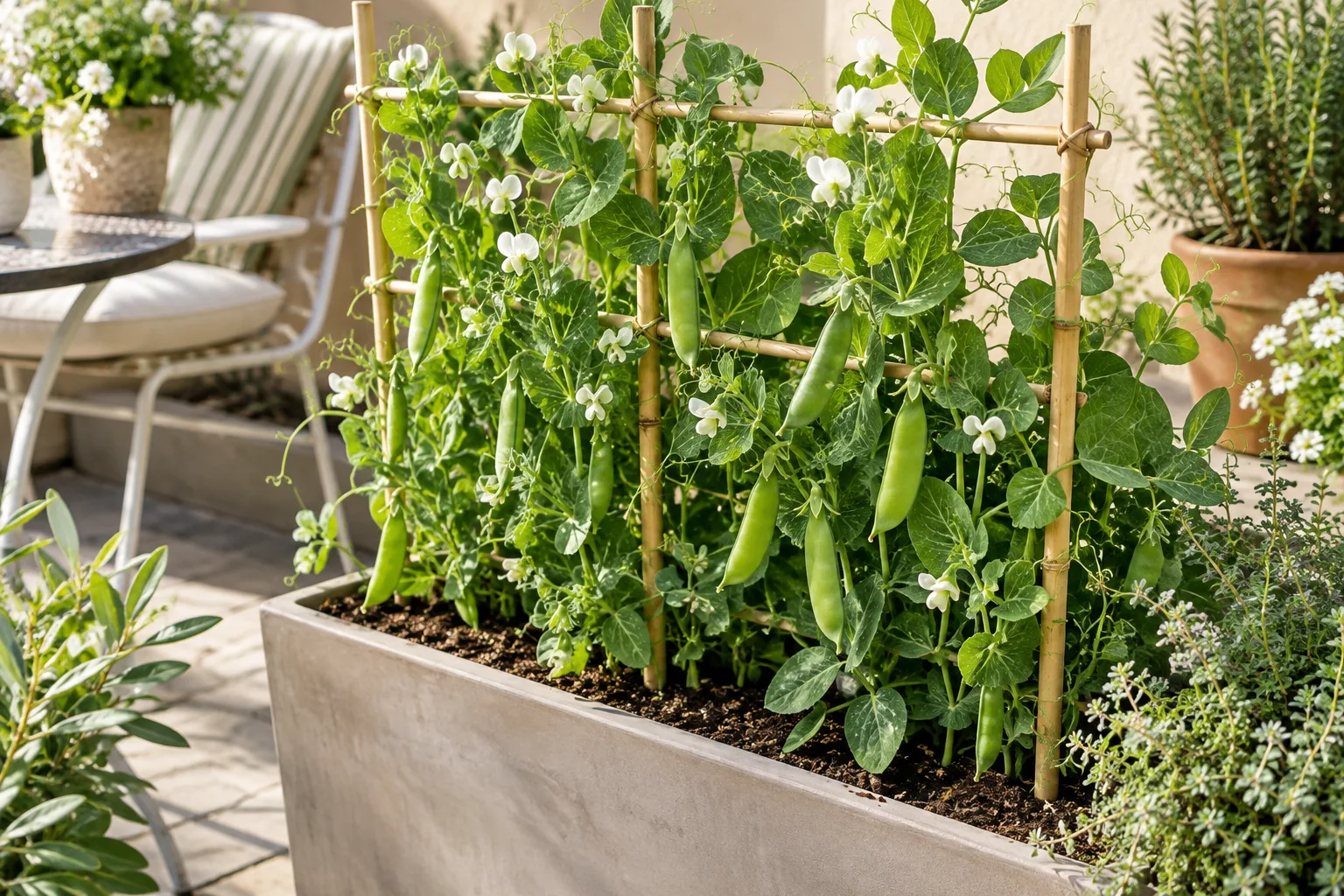 Illustrative pea vines climbing a small trellis on a patio