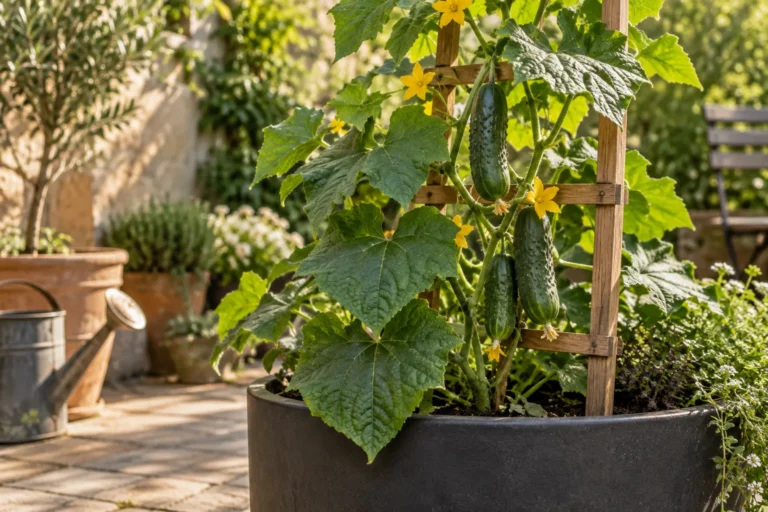 Illustrative cucumber vine with small fruit on a patio trellis