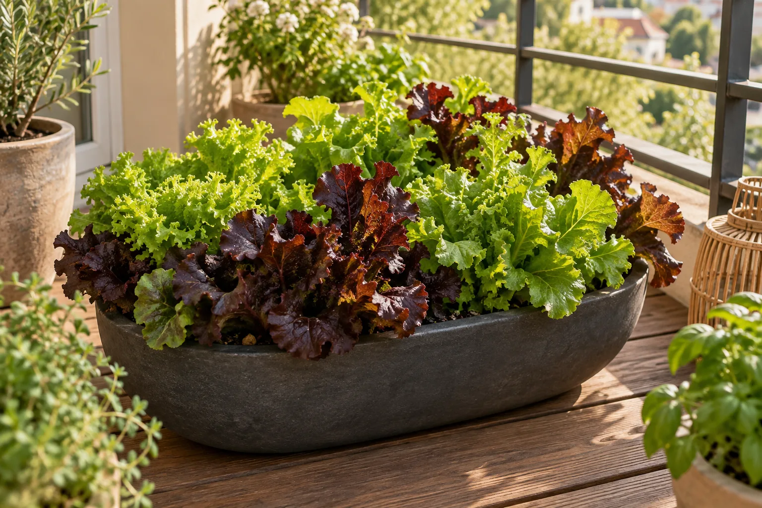 Illustrative green and burgundy lettuce in a cool-season container