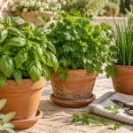Illustrative separate pots of basil, parsley, and chives on a terrace
