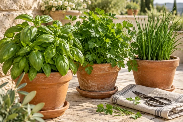 Illustrative separate pots of basil, parsley, and chives on a terrace