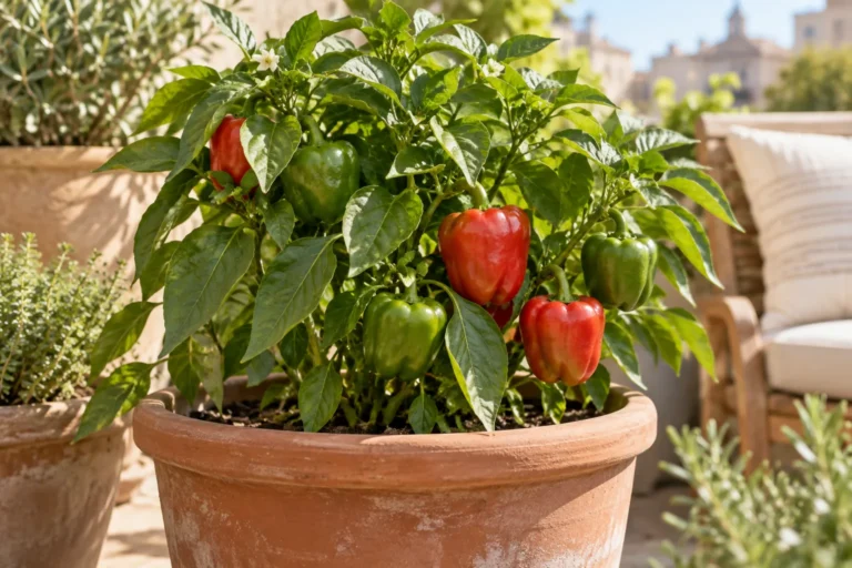 Sweet peppers growing in a sunny patio container
