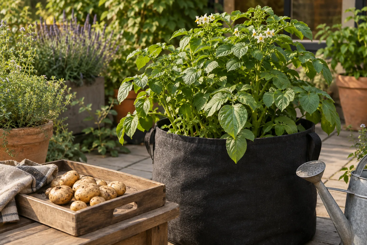 Illustrative potato plant in a grow bag with harvested potatoes beside it