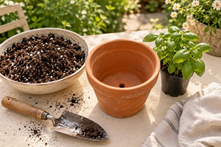 Illustrative planting supplies and a terracotta pot on a workbench