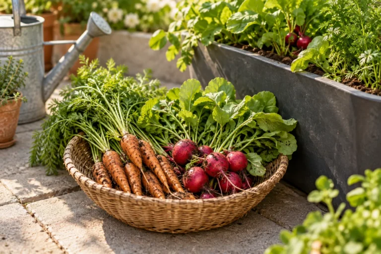 Illustrative freshly harvested radishes and carrots beside a container
