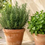 Illustrative separate pots of rosemary and leafy mint