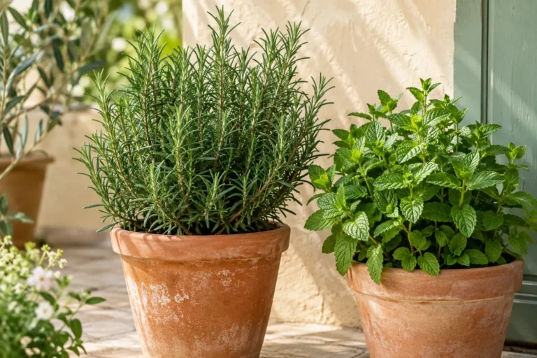 Illustrative separate pots of rosemary and leafy mint
