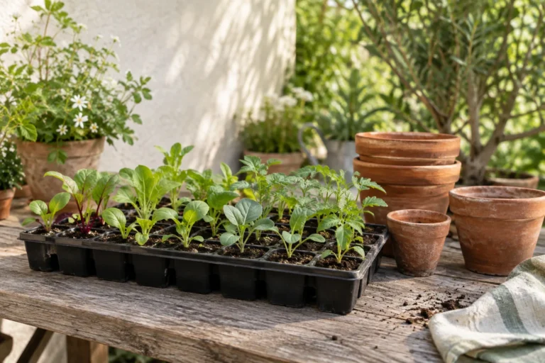 Illustrative young vegetable seedlings in a divided tray