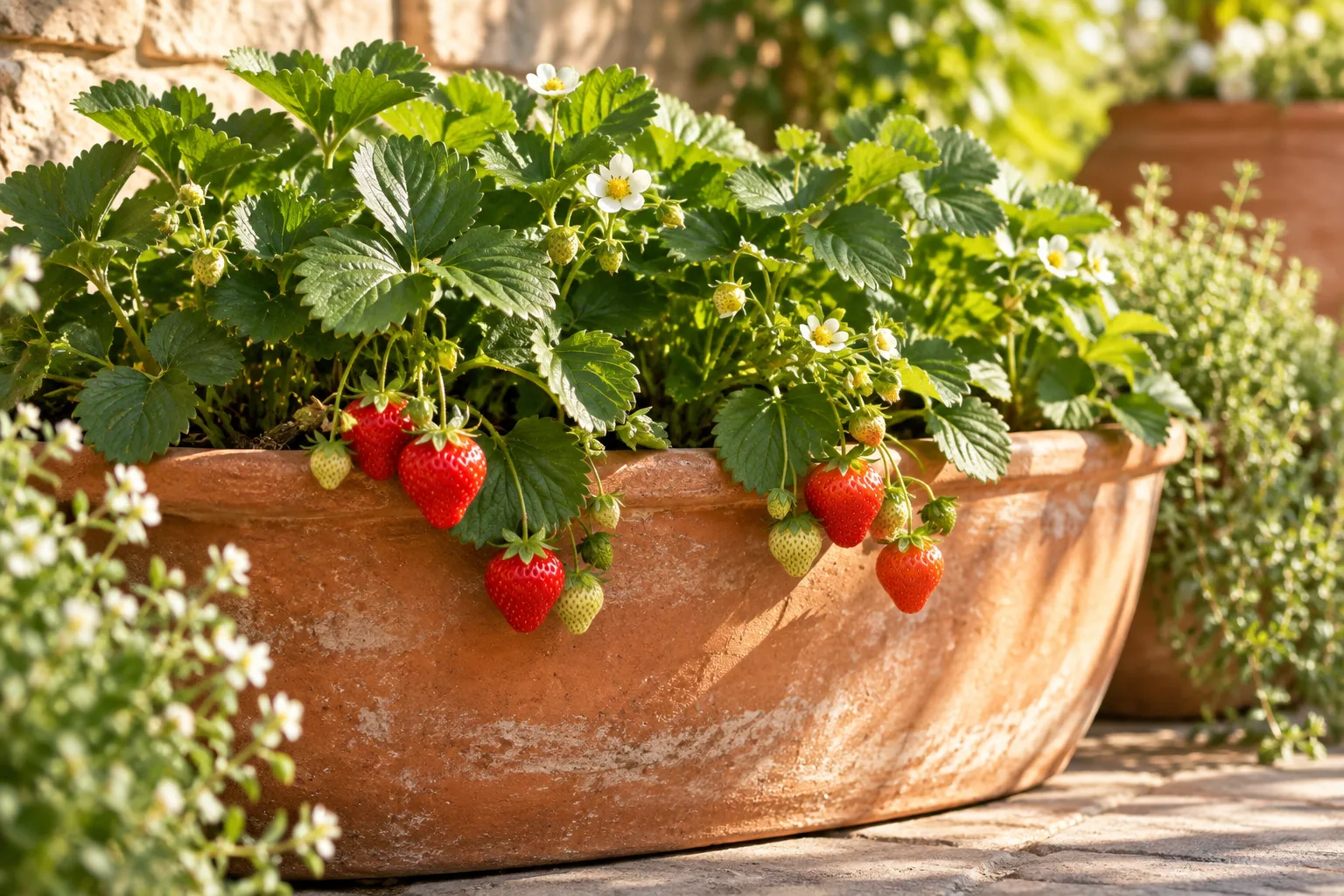 Illustrative ripe strawberries growing over the edge of a patio pot