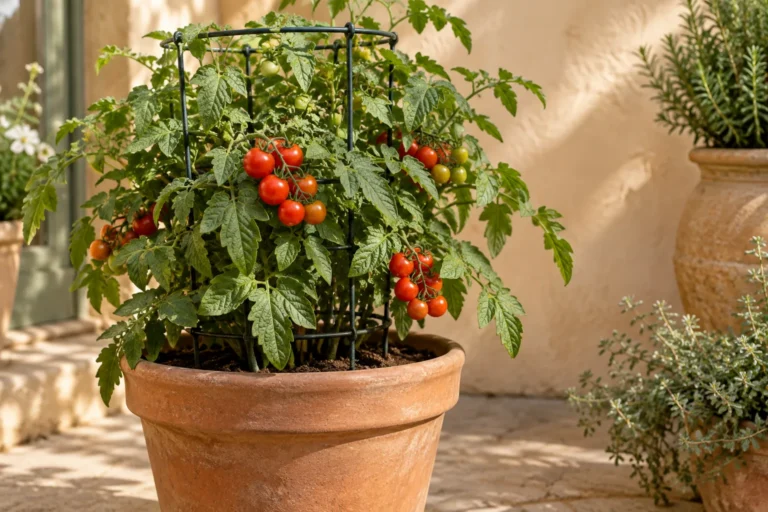 Illustrative cherry tomato plant supported in a terracotta container