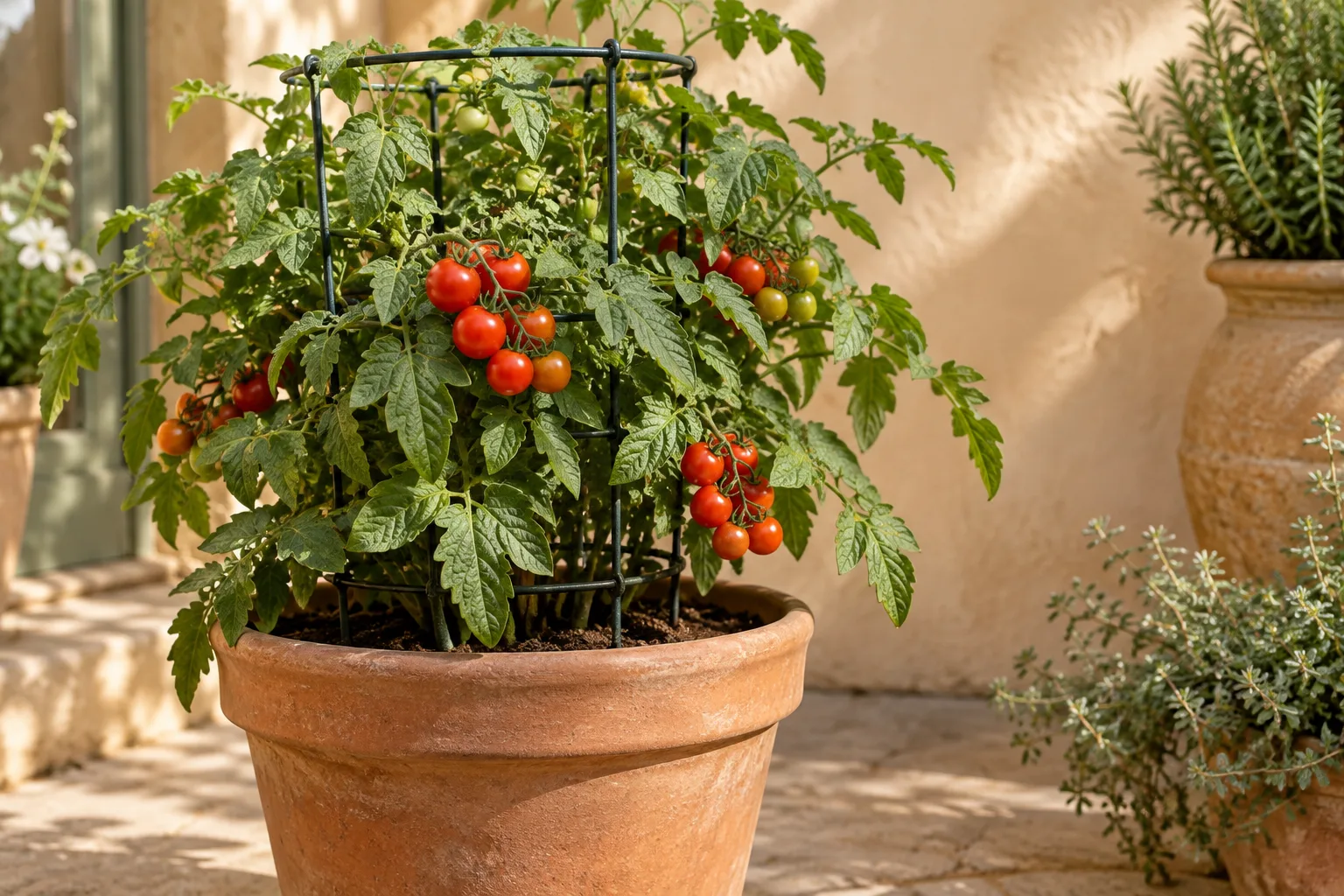 Illustrative cherry tomato plant supported in a terracotta container