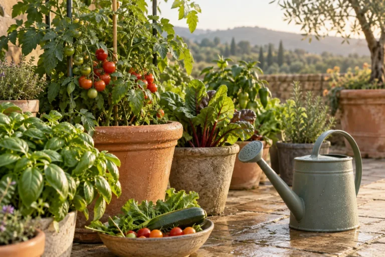 Illustrative watering can beside a container garden in morning light
